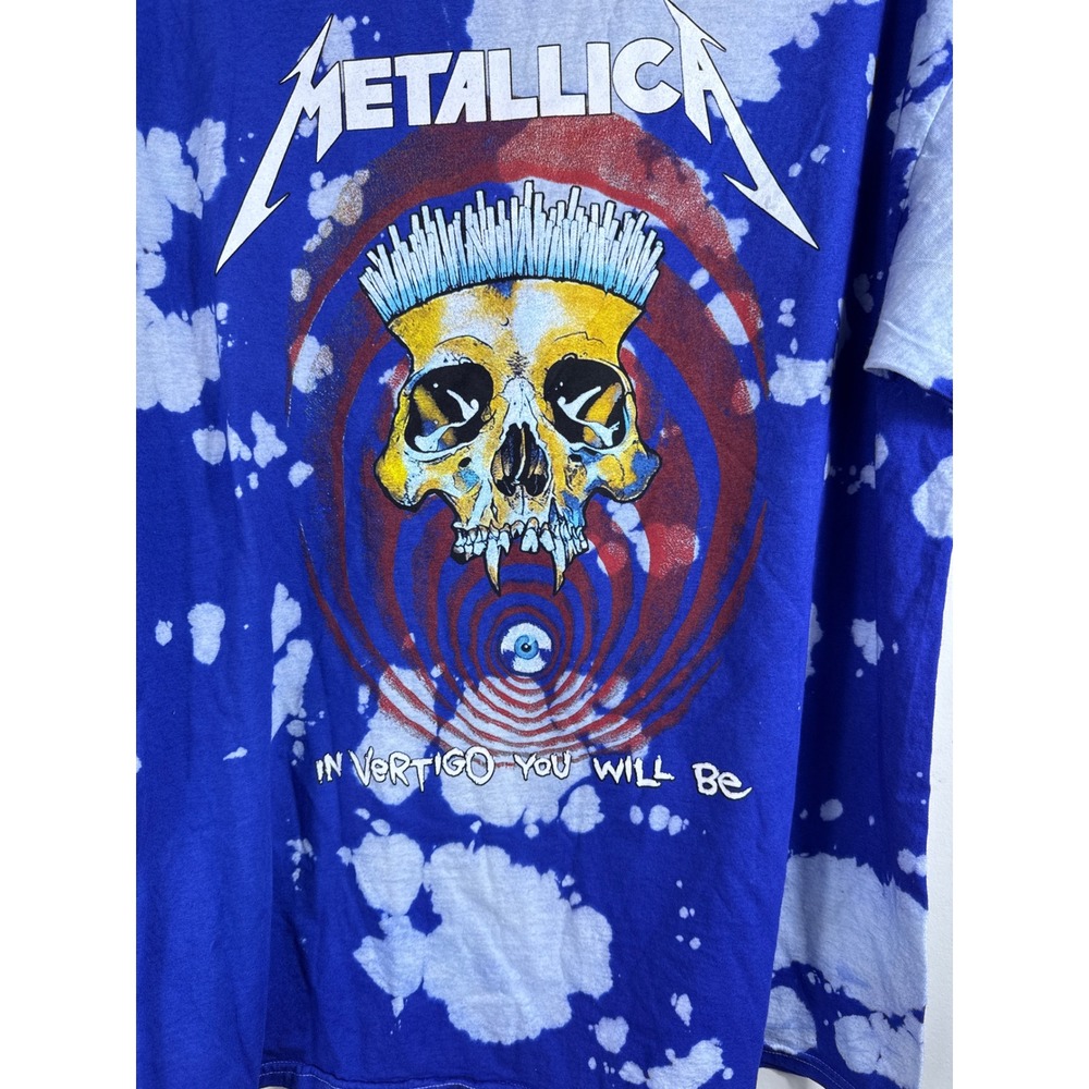 Metallica Graphic T-Shirt Blue Bleach Dye‎ Skull Rock In Vertigo Band Tee Large - Picture 3 of 4